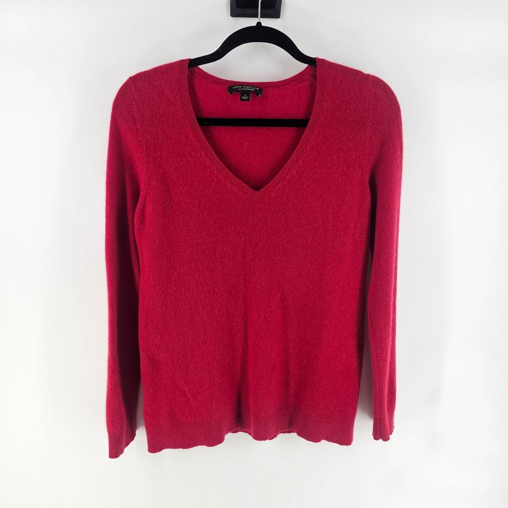 Ann Taylor 100% Cashmere Sweater L Red V-Neck Pullover Classic Luxury Holiday